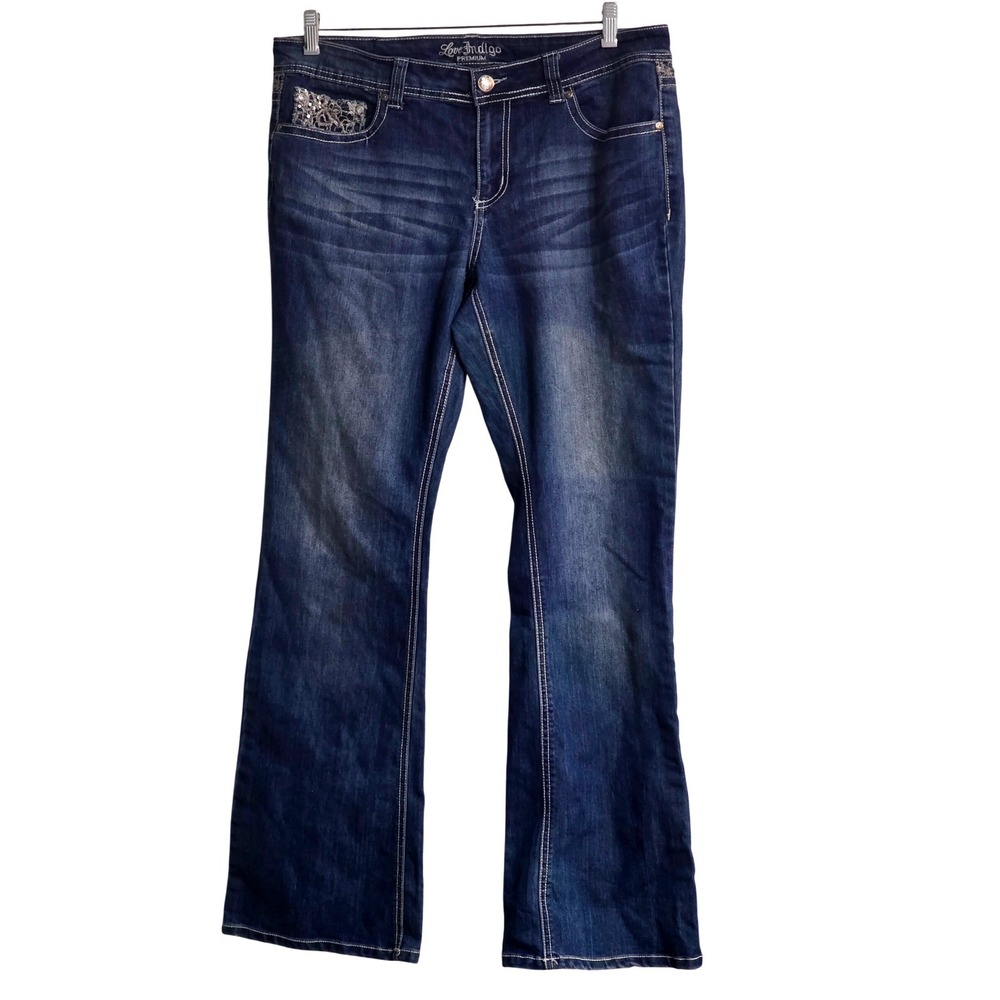 Love Indigo Premium Womens Bootcut Jeans Embellished Pockets Dark Wash Size 12